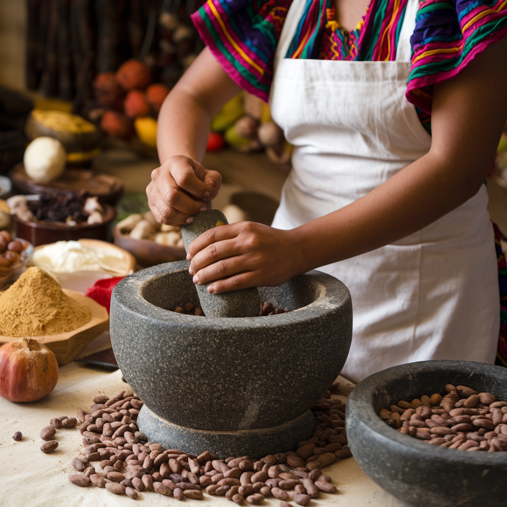 Classic cocoa processing in a molcajete, a traditional Mexican mortar and pestle carved from porous basalt volcanic rock